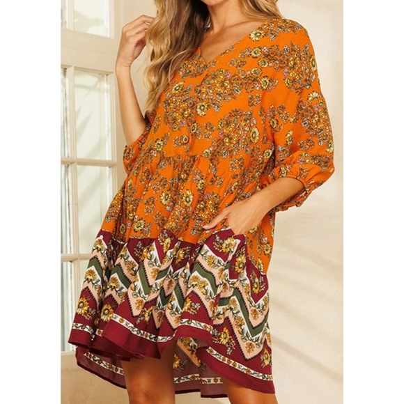 Boho orange/red multi print v-neck puffy sleeves tiered shift dress pockets - Picture 2 of 7